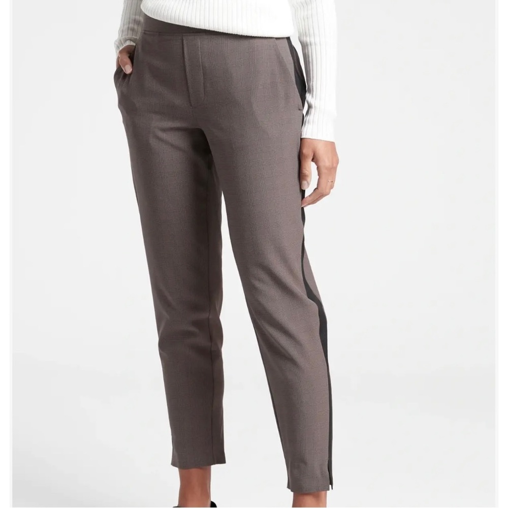 Athleta Brooklyn Ankle Pant Brown Plaid Tuxedo Stripe